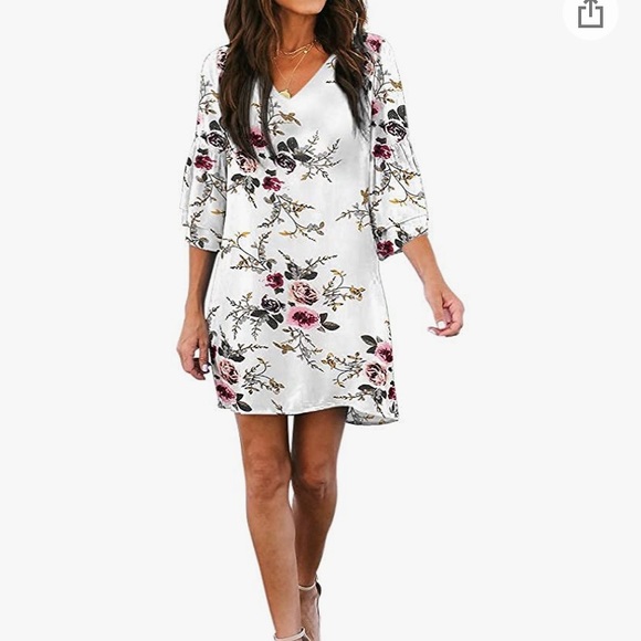 Belongsci White Floral Vneck Bell Sleeve Shift Dress - Picture 2 of 9